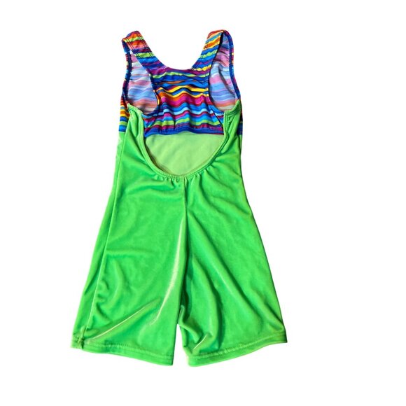 Motionwear Gymnastics Shortall Leotard Girls 8-10 Green Velvet Rainbow Stripe - Picture 4 of 13